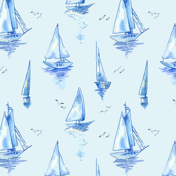 Behang Blue sailboats. Vector pattern with boats in watercolor style