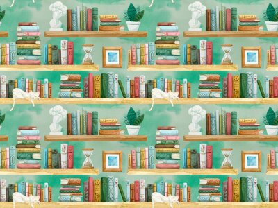 Behang Boekenplanken en katten
