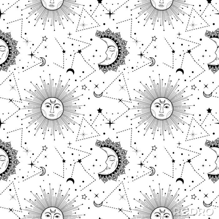 Behang Boheems naadloos patroon met zon, maan, sterren en constellatie. Vintage-stijl. Zigeuner en hipster vectorillustratie. Astronomie en astrologie symbool.