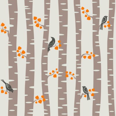 Behang Bomen en vogels in het herfstbos