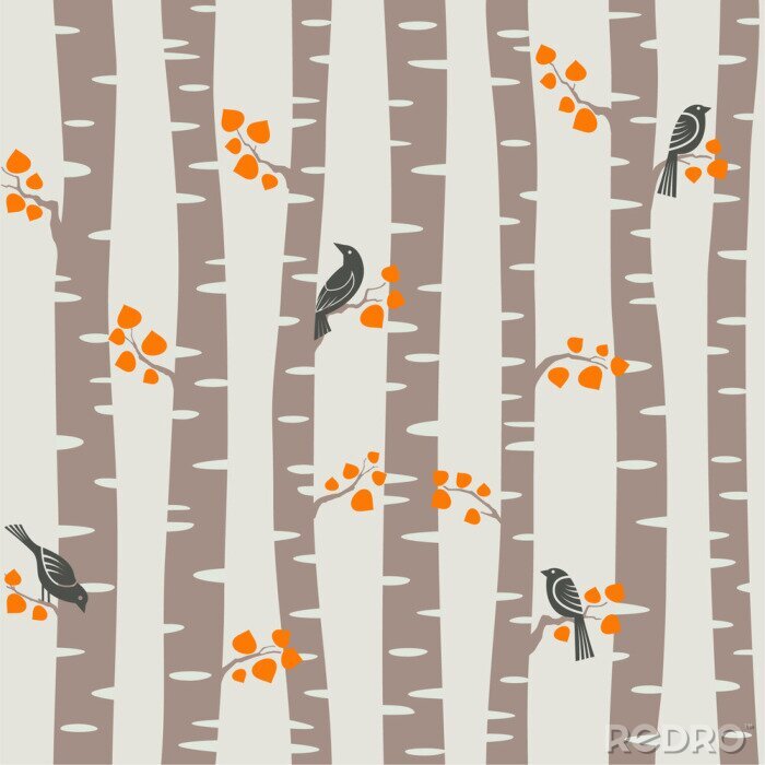 Behang Bomen en vogels in het herfstbos