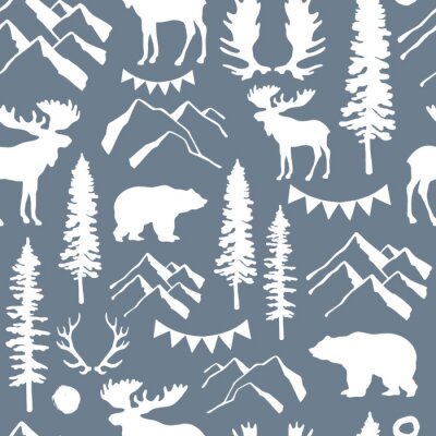 Behang Bos naadloos patroon. Wild natuur. Ideaal voor kaarten, uitnodigingen, feest, banners, babydouche, kleuterschool en kinderkamerdecoratie.