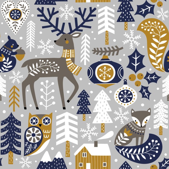 Behang Bosdieren en planten op een grijze achtergrond