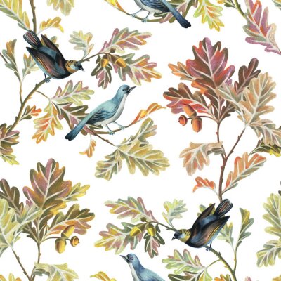 Behang Botanical seamless pattern with birds, oak branches, leaves and acorns. Nature motif drawn by color pencils isolated on white. Great for bedding, fabric, clothes, wallpaper, wrapping.