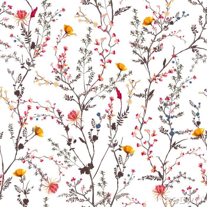 Behang Botanisch patroon met bloemen op een witte achtergrond