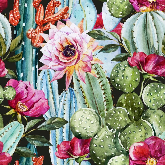 Behang Botanisch patroon met cactussen en bloemen
