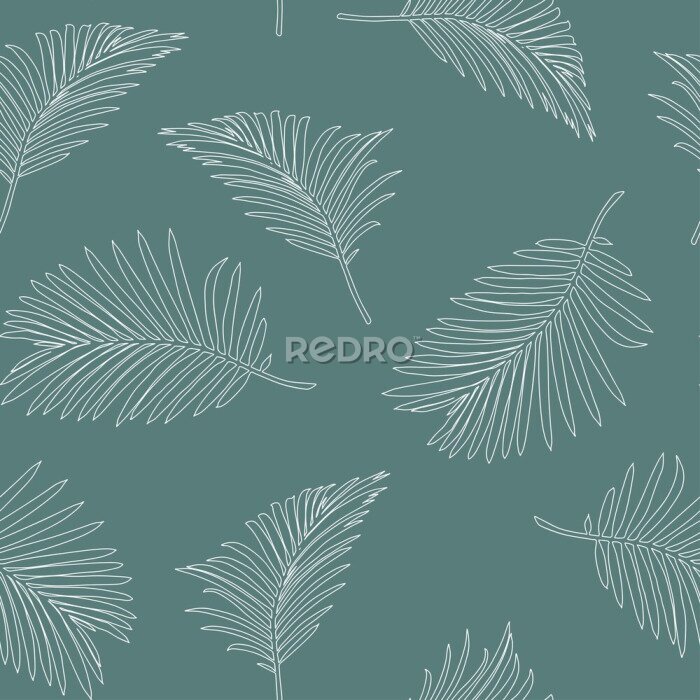 Behang Brede palmbladeren getekend met witte lijn