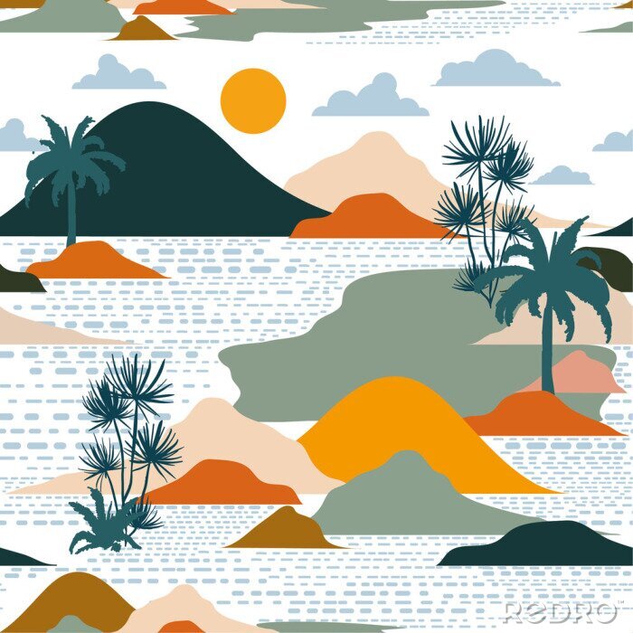 Behang Bright and colorful silhouette of island , palm tree,beach,mountain on modern paper cut style seamless pattern vector design for fashion,fabric,and all prints
