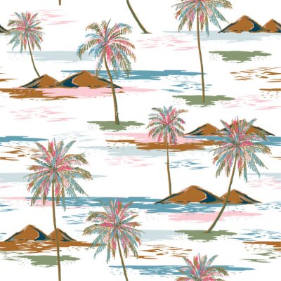 Behang Bright and trendy Aloha monotone blue seamless island pattern vector. Landscape with palm trees,beach and ocean vector hand drawn style