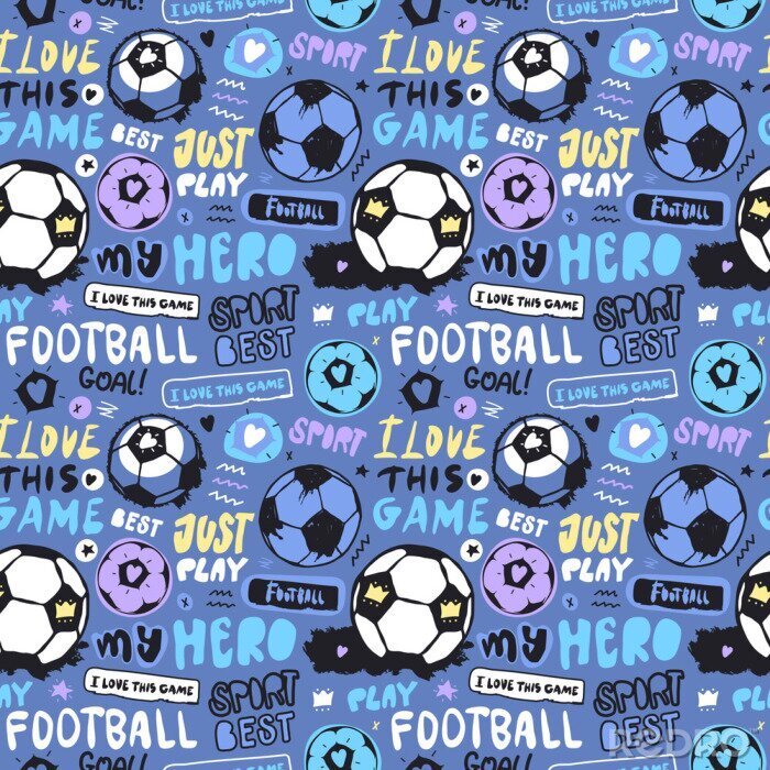 Behang Bright multi-colored seamless pattern with soccer ball and lettering for children. Sports background for textiles. Football wallpapers for a boy. Grunge ball, doodle star, heart, crown..
