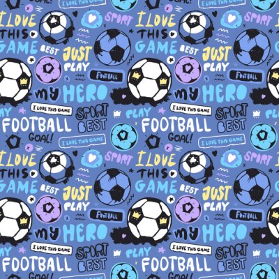 Behang Bright multi-colored seamless pattern with soccer ball and lettering for children. Sports background for textiles. Football wallpapers for a boy. Grunge ball, doodle star, heart, crown..