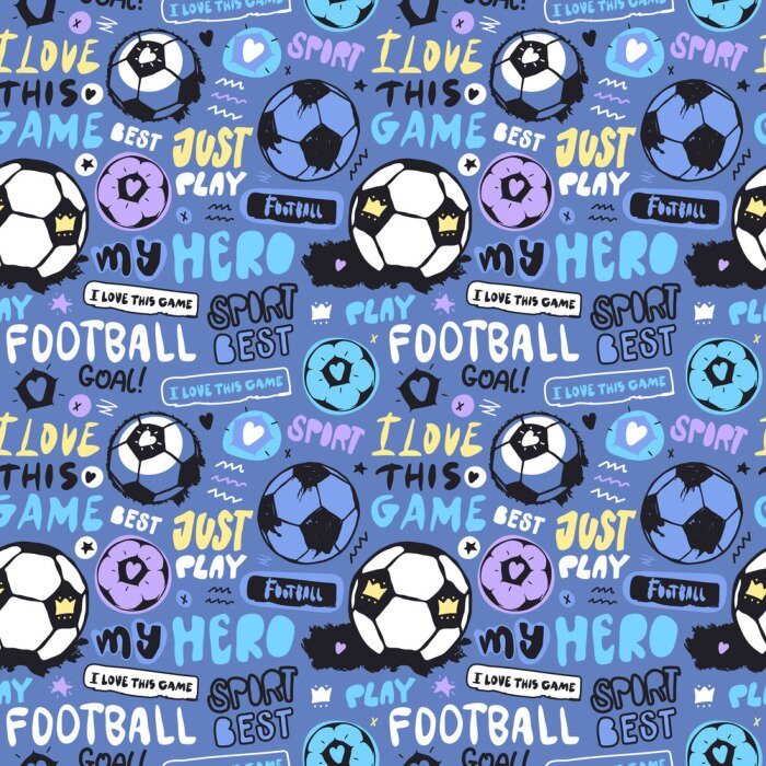 Behang Bright multi-colored seamless pattern with soccer ball and lettering for children. Sports background for textiles. Football wallpapers for a boy. Grunge ball, doodle star, heart, crown..