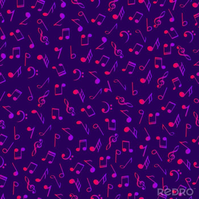 Behang Bright music decorative notes seamless pattern. Gradient pink  and purple colors simbols on dark violet background. Abstract vector texture art musical symbols