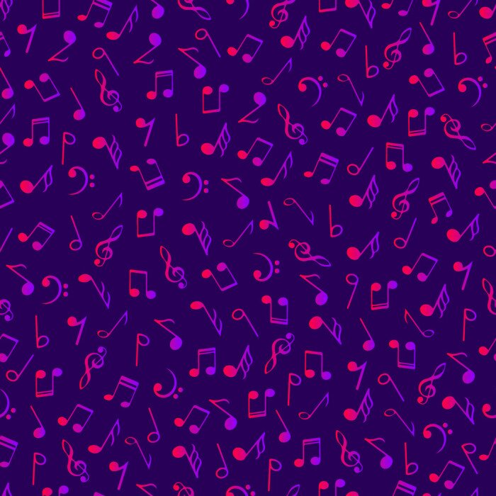 Behang Bright music decorative notes seamless pattern. Gradient pink  and purple colors simbols on dark violet background. Abstract vector texture art musical symbols