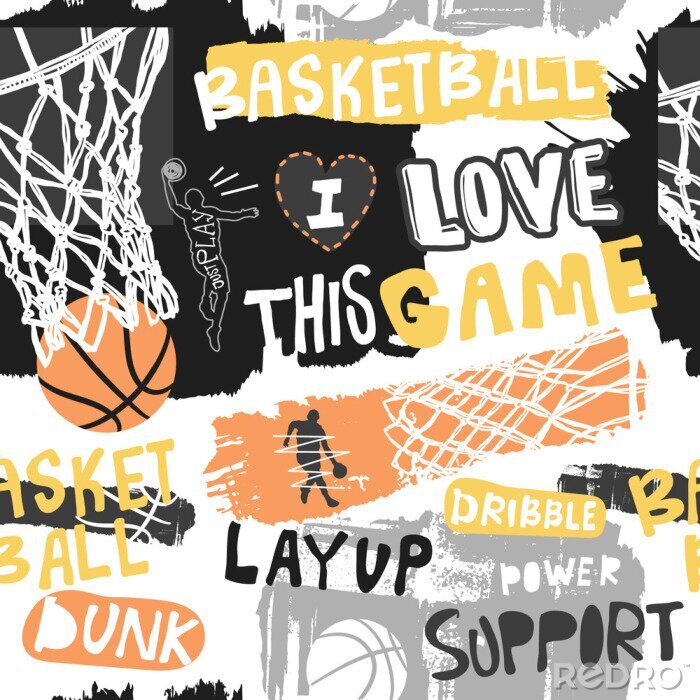Behang Bright seamless pattern for basketball. Hand drawing sport print, background, typography slogan. Print design for T-shirts, clothes, banners, flyers. Sketch, grunge style.