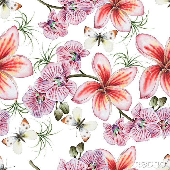Behang Bright seamless pattern with flowers. Plumeria. Orchid. Butterfly.  Watercolor illustration.