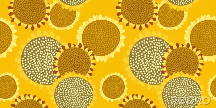Behang Bright seamless pattern with sunflowers on a rich yellow background. Abstract floral print in hand-drawn style. Excellent design for fabrics, Wallpaper, sunflower oil packaging, health food...Vector.