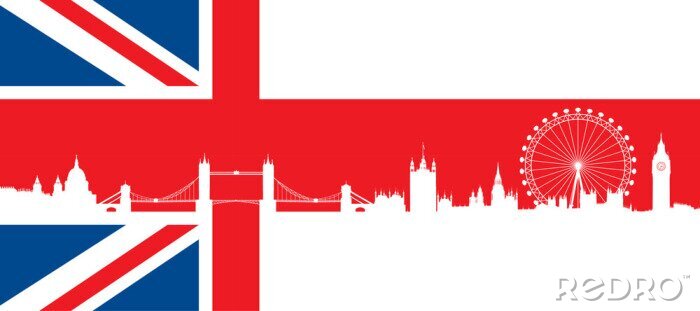 Behang Britse vlag met zeer gedetailleerde silhouet skyline van Londen
