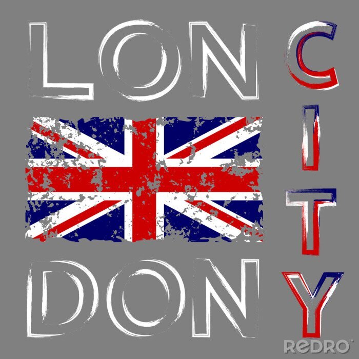 Behang Britse vlag t-shirt typografie graphics. Rood en wit ontwerp met Londen, geïsoleerd op een grijze achtergrond. Symbool van Engeland, Groot-Brittannië Verenigd Koninkrijk. Template kleding, kaart, post