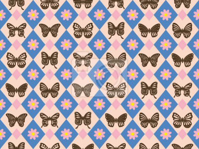 Behang Bruine vlinders en roze bloemen