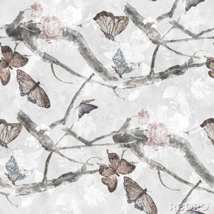 Behang Bruine vlinders op grijze takken