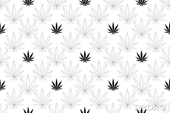 Behang Cannabis seamless pattern. Marijuana floral pattern. Flat leaf of weed cannabis, monochrome black and whit. Marijuana design element seamless for fabric vector illustration.