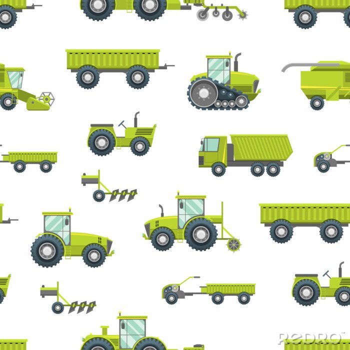Behang Cartoon Agricultural Vehicles Seamless Pattern Background. Vector