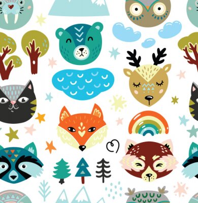 Behang Cartoon animals heads and nature elements seamless pattern