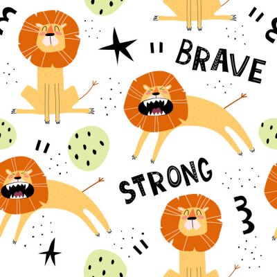 Behang Cartoon leeuwen en inscripties op een witte achtergrond