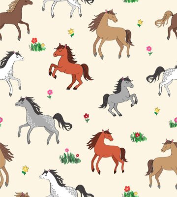 Behang Cartoon paarden in verschillende kleuren