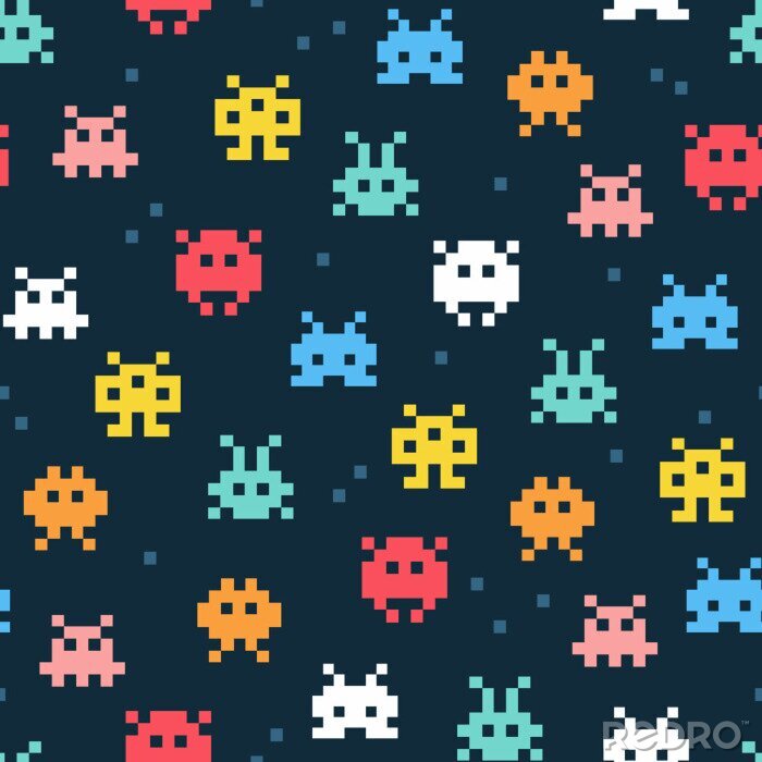 Behang Cartoon patroon met pixel monsters