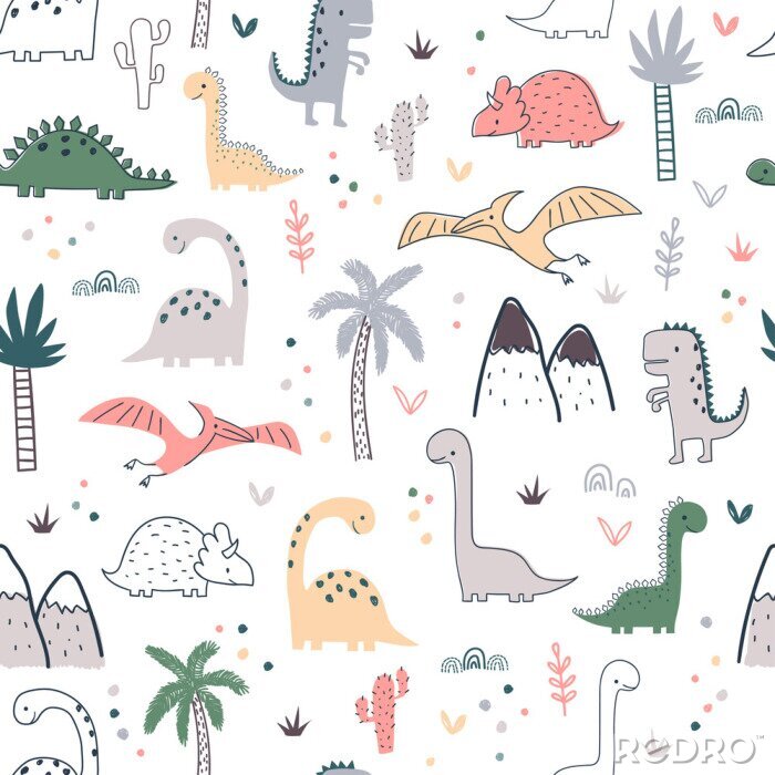 Behang Cartoon seamless pattern with dinosaurs and palm trees