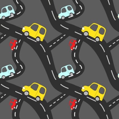 Behang Cartoon seamless vector pattern with cute drawing car element on road on dark grey background.