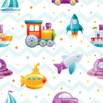 Behang Cartoon toy transport seamless pattern. Cute 3d boy boat, car, airplane, submarine, sail ship, train, rocket, wallpaper design. Fun vector illustration isolated on zig zag polka dot drawn background