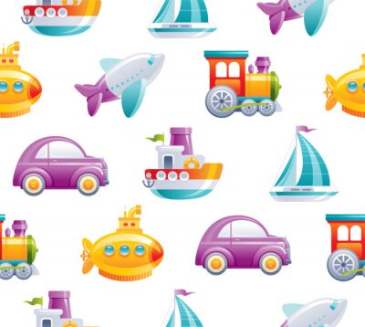 Behang Cartoon toy transport seamless pattern. Cute 3d boy style. Boat, car, airplane, yellow submarine, sail ship, train, rocket wallpaper design. Flat vector illustration isolated on white background.