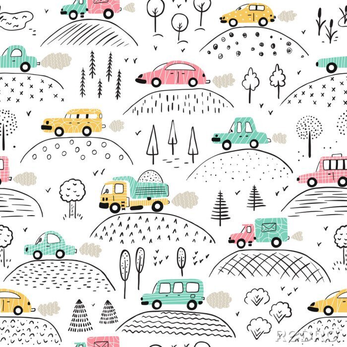 Behang Cartoon Transportation Background for Kids. Vector Seamless Pattern with doodle Toy Cars and Nature with Hills and Trees
