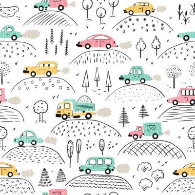 Behang Cartoon Transportation Background for Kids. Vector Seamless Pattern with doodle Toy Cars and Nature with Hills and Trees