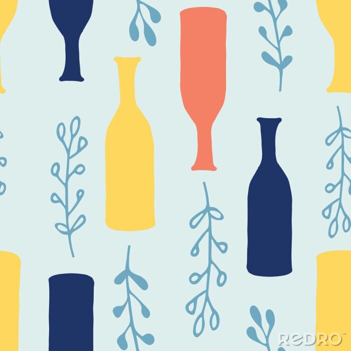 Behang Cartoon vases, ferns seamless  pattern in pale turquoise with vibrant yellow, navy blue and coral. Great for gift wrapping paper, textiles and home decor. Spring and summer, fresh and natural.