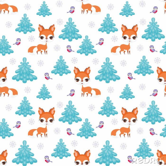 Behang Cartoon vossen vogels en kerstbomen