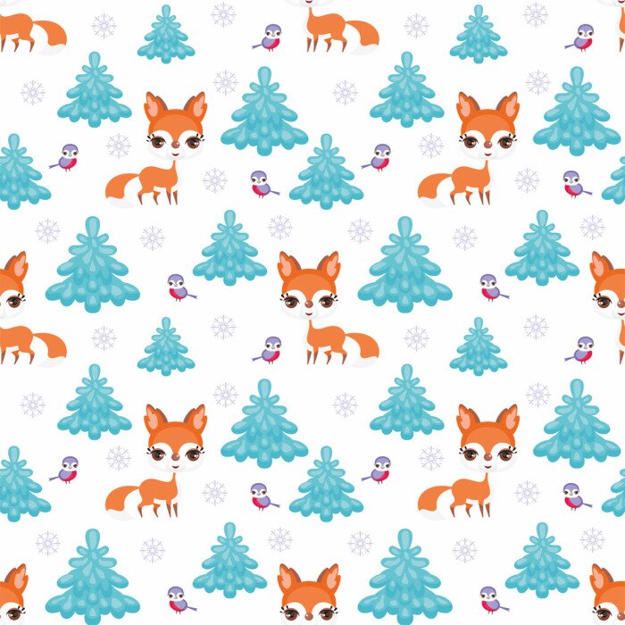 Behang Cartoon vossen vogels en kerstbomen