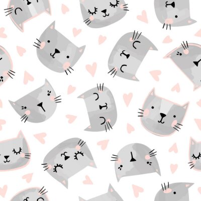 Behang Cats seamless vector pattern with hearts. Cute hand drawn kitten faces. Valentines day.