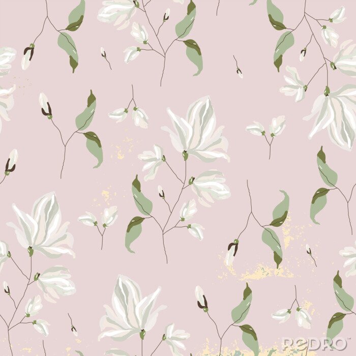 Behang chic magnolia floral pattern on blush pink background 