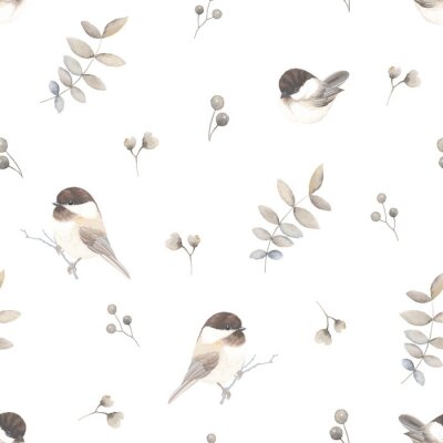 Behang Chickadee birds, leaves and berries on seamless pattern, vector light illustration on white background for textile, wrapping paper and print in vintage watercolor style.