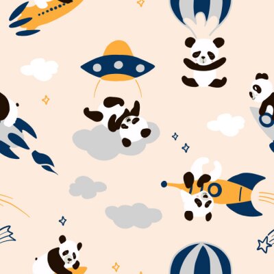Behang Childish seamless panda pattern with hand drawn space elements space, rocket, star, ufo, parachute. Cute bear flying in sky  nursery , unusual wrapping paper. Scandinavian style decorative print