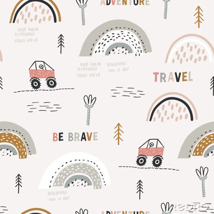 Behang Childish seamless pattern with doodle buggy car and hilly terrain. Background with abstract rainbows. Creative childish texture for fabric, wrapping, textile, wallpaper, apparel. Vector illustration.