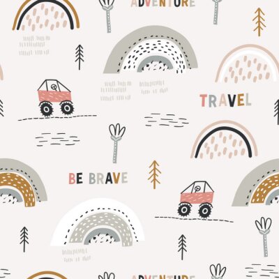 Behang Childish seamless pattern with doodle buggy car and hilly terrain. Background with abstract rainbows. Creative childish texture for fabric, wrapping, textile, wallpaper, apparel. Vector illustration.