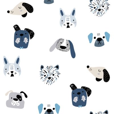 Behang Childish seamless pattern with funny creative dog faces. Trendy scandinavian vector background. Perfect for kids apparel,fabric, textile, nursery decoration,wrapping paper