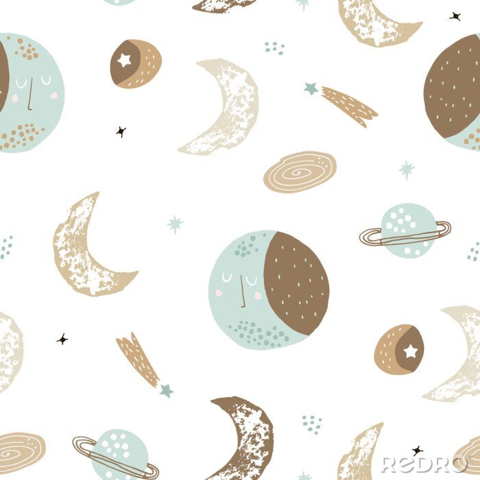 Behang Childish seamless pattern with hand drawn space elements space, moon, star, planet, galaxy. Trendy kids vector background.