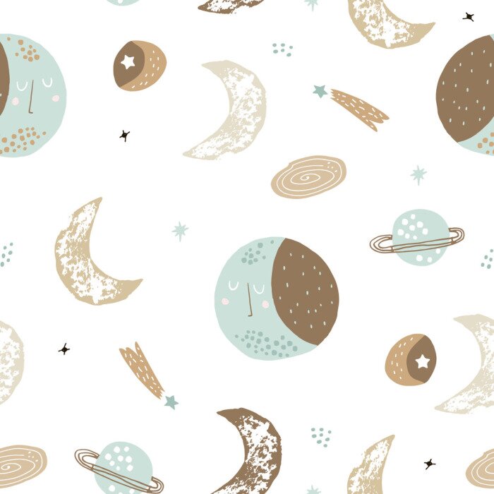 Behang Childish seamless pattern with hand drawn space elements space, moon, star, planet, galaxy. Trendy kids vector background.
