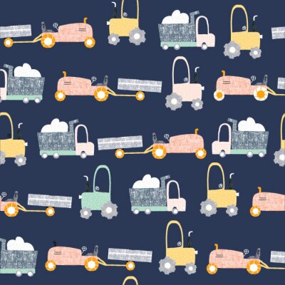 Behang Childish seamless pattern with truck and tractor. Scandinavian kids print. Vector hand drawn illustration.